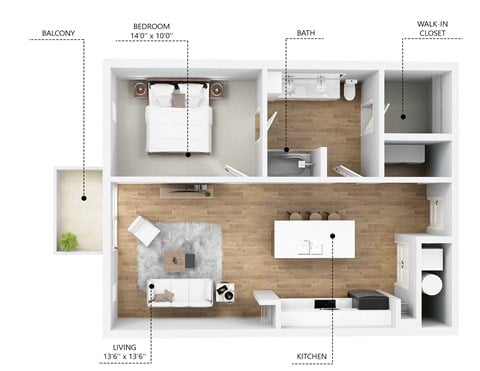 Floor plan for 1 bed, 1 bath, 775 sqft